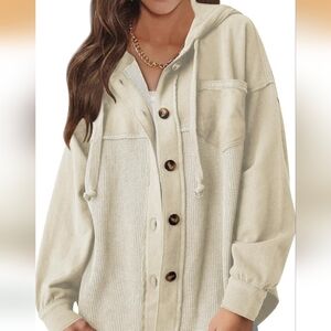 Cream Button-Up Waffle Shacket With Hood